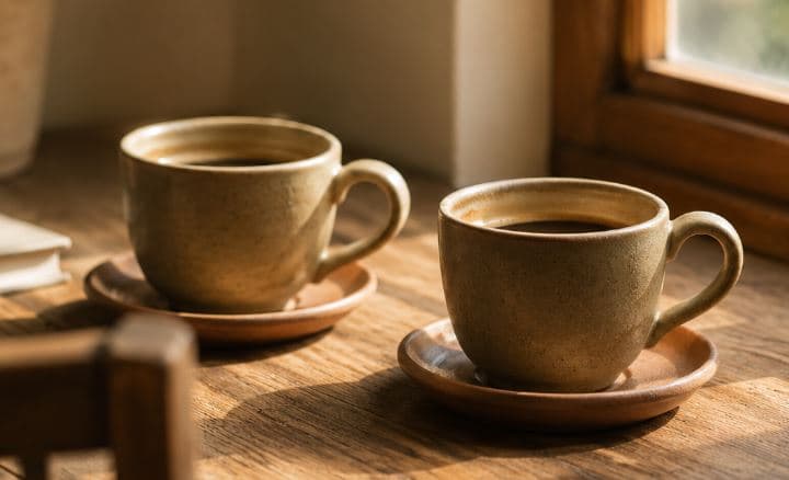Dos tazas de café frente a frente sobre una mesa cálida, símbolo de una conversación para reconectar