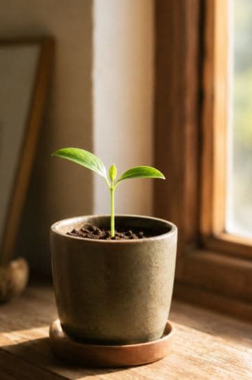 Un pequeño brote verde creciendo hacia la luz de una ventana, símbolo de dar el primer paso