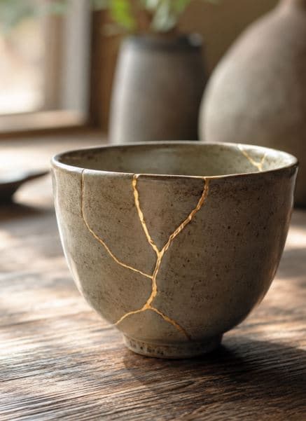 Cuenco de cerámica roto y reparado con líneas doradas (kintsugi), símbolo de que lo dañado se puede reparar