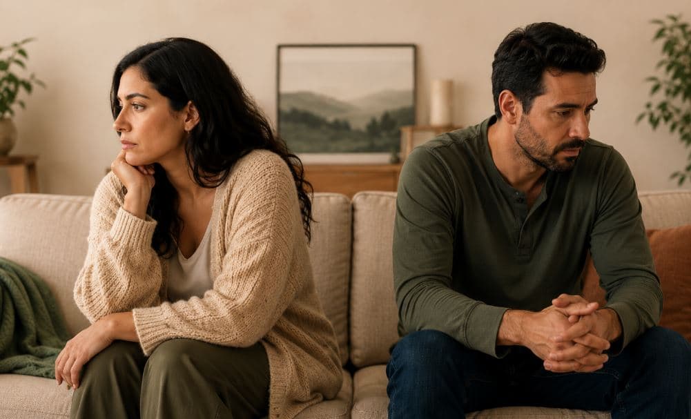 Pareja sentada en un sofá mirando en direcciones opuestas, con distancia emocional entre ellos